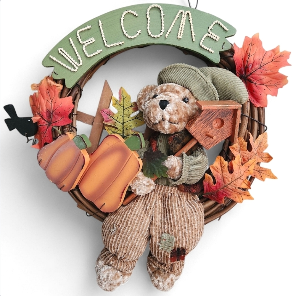 Fall Harvest Welcome Teddy Bear Wreath